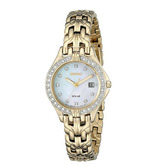 低价！Seiko精工 SUT086 女士施华洛世金黄色太阳能手表