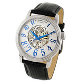 镂空蓝针！Stuhrling/斯图灵 男士皮带银盘镂空蓝针机械手表